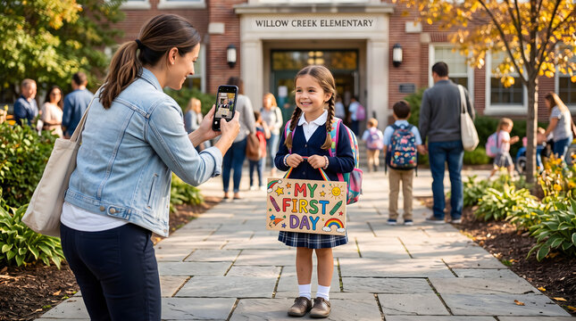 Smiling mother taking photo of young daughter holding colorful my first day sign while standing outside elementary school entrance during autumn morning at start of the new academic school year