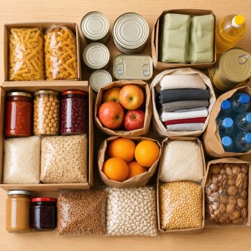 Emergency food supply boxes with canned goods grains fruit water and essential provisions