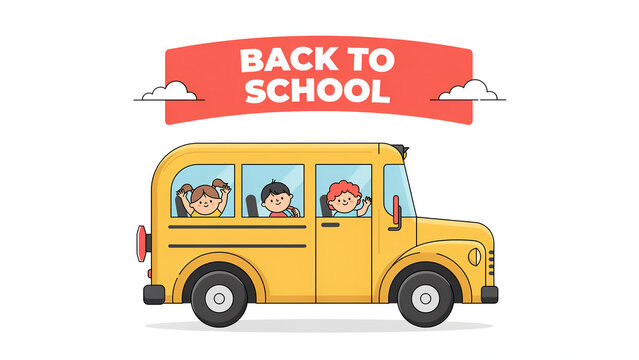 Back to school flat vector illustration with happy kids riding yellow school bus together