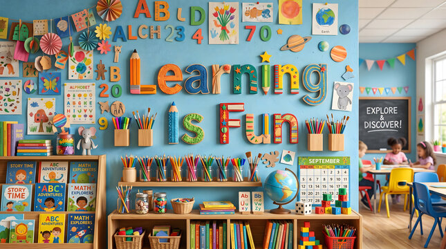 Vibrant preschool classroom interior with colorful learning is fun wall decal plus bookshelves and craft supplies for elementary school education background and early childhood development
