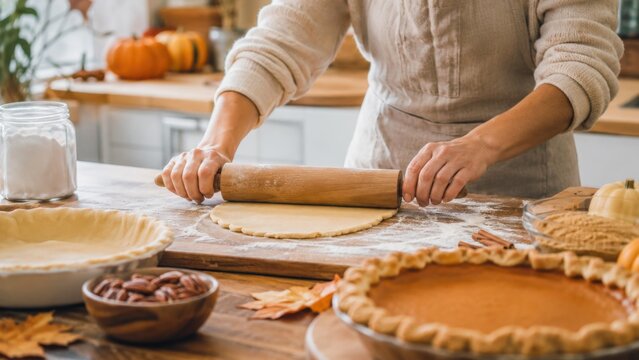 Person rolling pie dough on kitchen counter while preparing homemade pumpkin pie for Thanksgiving feast