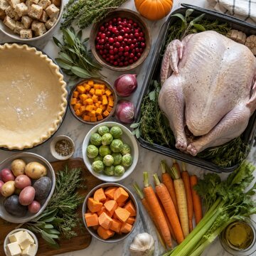 Raw turkey with fresh vegetables herbs and cranberries prepared for holiday cooking