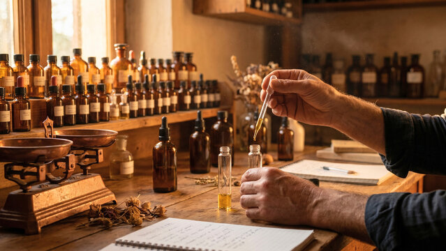 Artisan perfumer hands blending aromatic essences with pipette and glass bottles wide, artisan perfume blending concept, fragrance creation process, perfumer craft technique