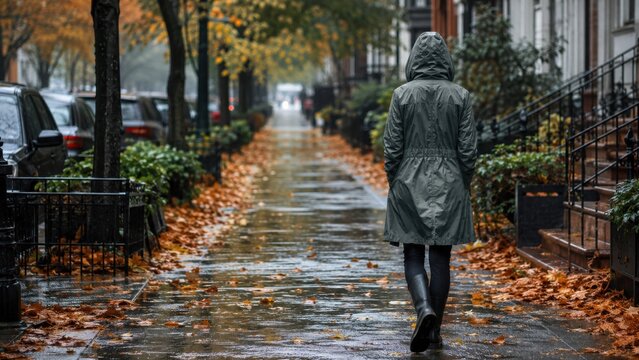 Person in raincoat walking along wet autumn city sidewalk covered with fallen leaves