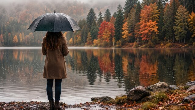 Woman with umbrella standing by a reflective lake during rainy autumn weather in colorful forest
