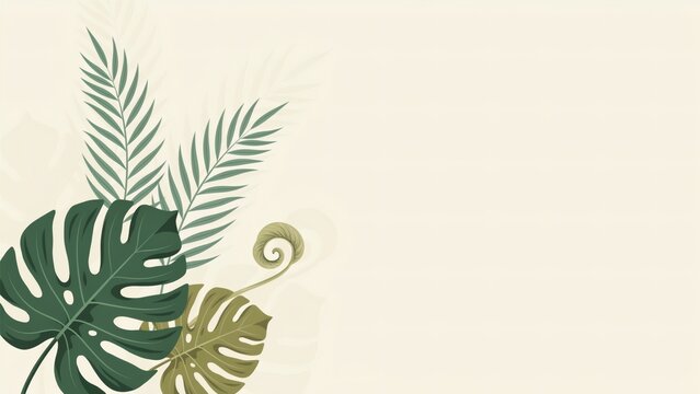 Tropical monstera leaves and palm fronds vector illustration with tropical foliage arranged arranged beige background flat vector fashionable
