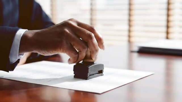 Business professional in dark suit carefully stamps official document with large black ink stamp on wooden office desk providing formal legal verification.