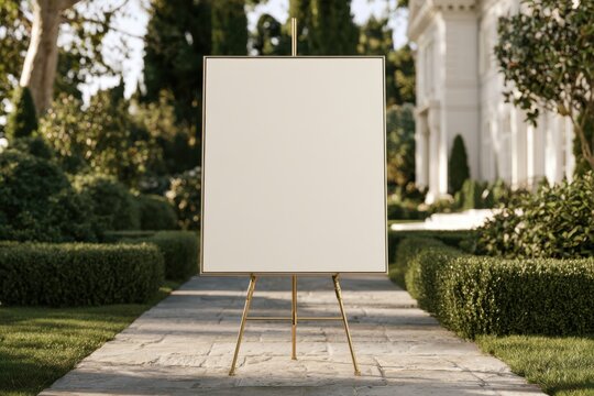 Large blank ivory presentation board display on an easel in a well-maintained garden with neatly trimmed hedges and a stone pathway leading to a grand building