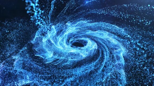 A glowing blue spiral of particles in deep dark space
