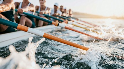 Fototapeta premium Rowing team members in a boat moving quickly across water during early morning training, focusing on teamwork and effort