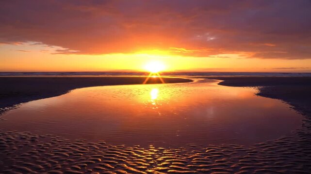 Vibrant sunset reflecting in tidal pool on sandy beach