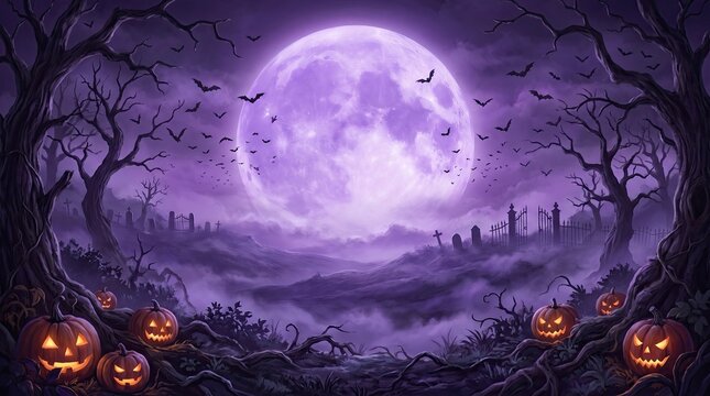 Spooky halloween night background featuring a giant purple full moon with silhouetted trees and glowing jack o lanterns