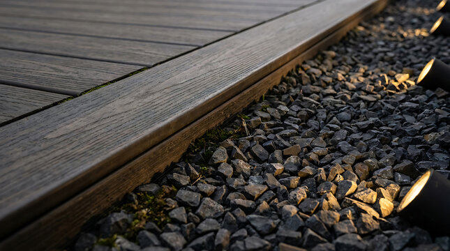 Dark wooden deck boards with gravel and lighting at night for outdoor spaces.
