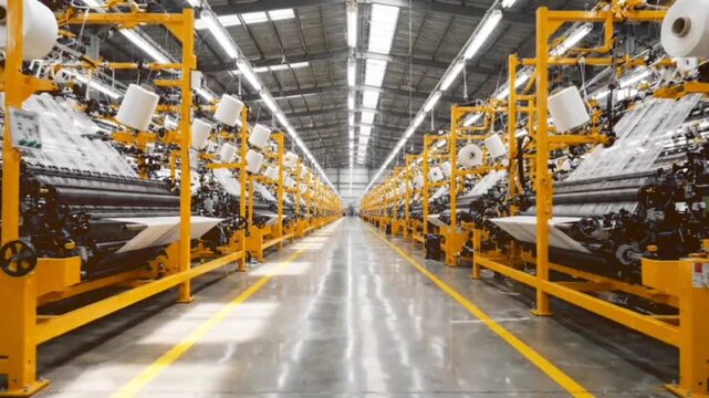 Industrial textile factory with rows of modern weaving machines automatically producing fabric, showcasing efficiency and precision in manufacturing process.