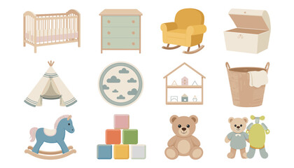 Cute Baby Nursery Furniture and Toys Icon Set with Crib Rocking Chair Teddy Bear Teepee Blocks and Decor Vector Elements for Newborn Graphic Designs © Rownok
