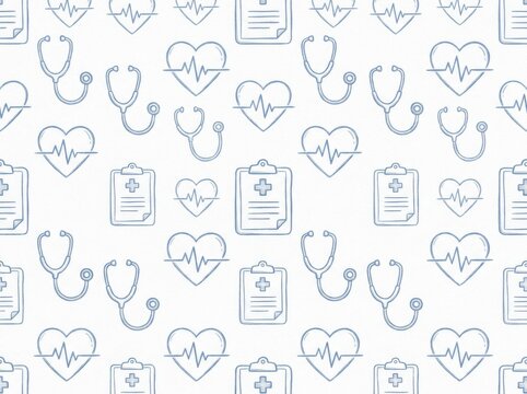 Seamless pattern with handdrawn medical icons including stethoscopes, heartbeats, and medical clipboards isolated on white background