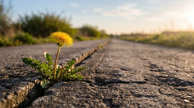Yellow dandelion flower growing resiliently through crack in old asphalt road pavement under warm sunlight symbolizing hope perseverance nature strength survival