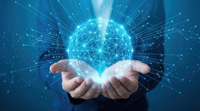 Hands holding glowing blue digital network sphere representing global connectivity data communication technology innovation future internet artificial intelligence