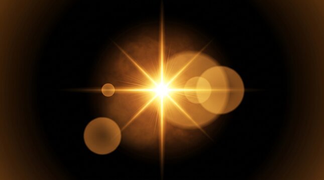 A golden lens flare radiates brightly against a dark background creating a dramatic and luminous effect lensflare radiance illumination glow