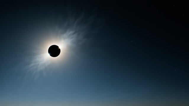 A solar eclipse with a darkened sun surrounded by a glowing corona is captured in a scenic skyscape astronomy celestial