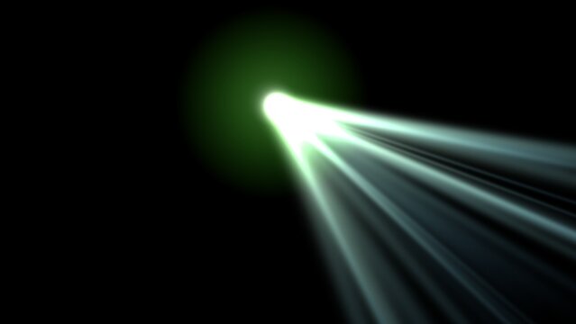 A bright green and white light flare radiates outward with converging beams against a dark background lightbeam lightray luminescence radiance illumination