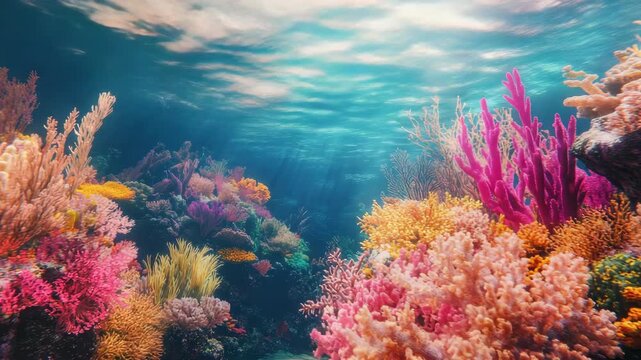 Bright coral reef teeming with life.