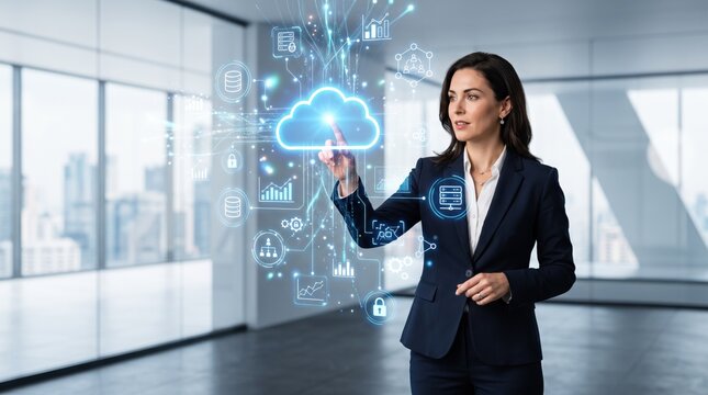 Businesswoman interacting with futuristic cloud computing interface, digital transformation, network security icons, data storage visualization, corporate technology strategy