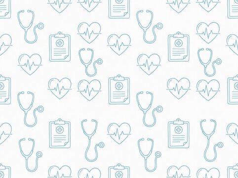 Seamless pattern with line art medical icons including stethoscopes, heartbeats, and medical clipboards isolated on white background