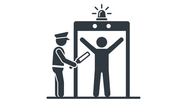 Security guard scanning passenger at airport checkpoint with metallic detector for safety and public protection protocols