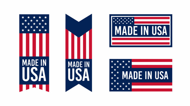 Made in USA labels and American flag ribbons. Patriotic United States product stickers, 4 vector badges for commercial packaging.