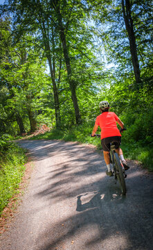 female Cyclist riding a bicycle along a peaceful forest avenue surrounded by lush green trees and dappled sunlight. Stuttgart, Baden-W&uuml;rttemberg, Germany.
