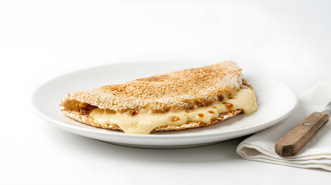 Folded brazilian tapioca crepe filled with warm melted cheese served on a white plate isolated on white background