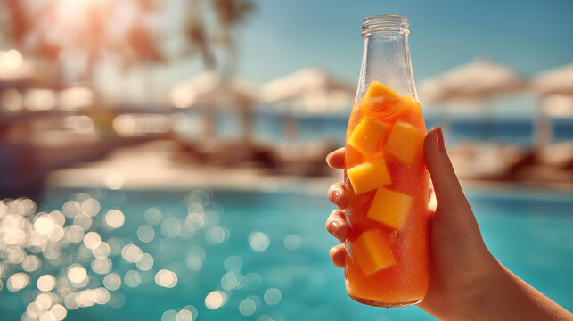 Hand Holding Mango Citrus Juice Bottle by Pool