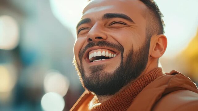 A joyous man in a brown jacket, smiling and laughing heartily while looking towards the camera in a city street setting during daylight.