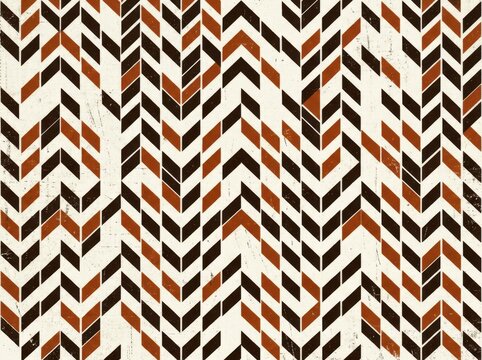 Geometric chevron pattern with dark brown and orange blocks on distressed white background