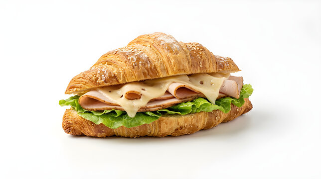 Fresh croissant sandwich filled with turkey breast, melted cheese, and lettuce isolated on white background