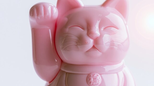 Pink lucky cat figurine raising paw, symbolizing good fortune and prosperity on a clean background