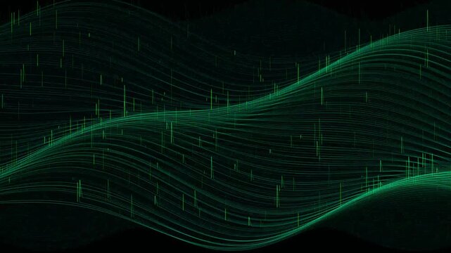 Abstract digital wave background with green glowing lines and vertical data spikes