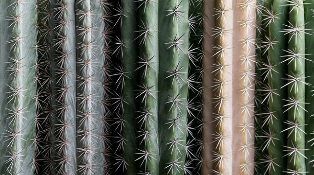 Cactus spines showing repeating patterns of sharp thorns on vertical columns, desert plant texture and defense