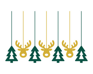 Set of hanging christmas tree and reindeer head ornaments isolated on transparent background © NURJAHAN
