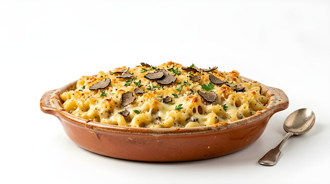 Gourmet truffle mac and cheese topped with shaved black truffles and herbs in a baking dish isolated on white background