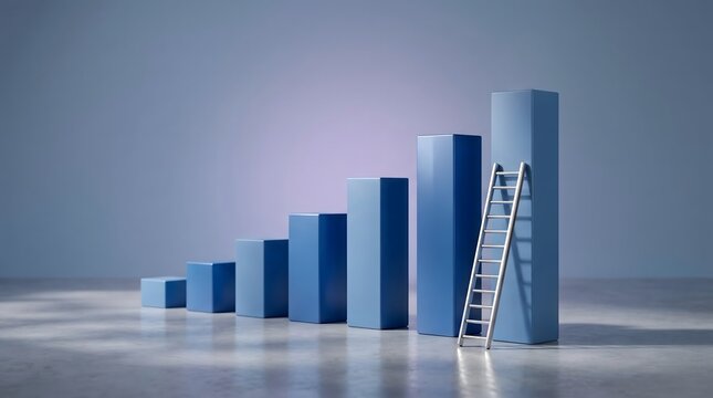 Rising 3D bar chart with tall ladder for career growth