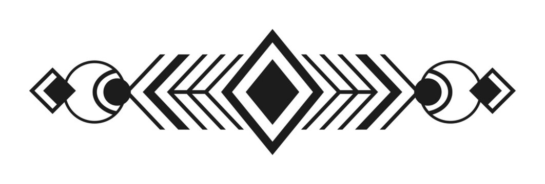 Tribal style geometric decorative divider with diamonds and circles isolated on transparent background