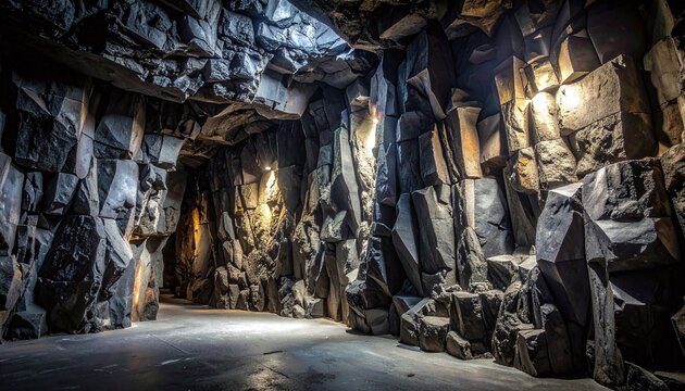 Step into a mysterious underground cave with basalt rock walls lit by dramatic warm spotlights, evoking wonder and adventure in this dark, empty cavern with no people present.