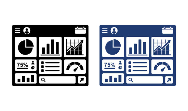 Set of dashboard icons in black and blue colors isolated on transparent background
