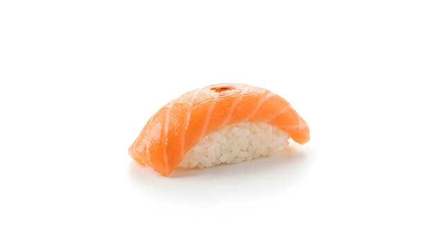 Fresh salmon nigiri sushi piece served isolated on white background