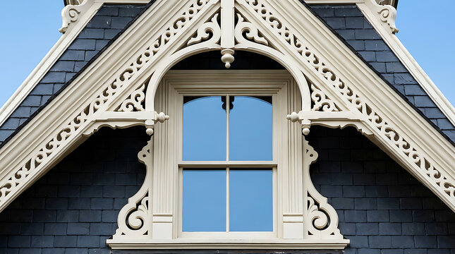 Victorian gable window with ornate cream woodwork and dark slate roof tiles.