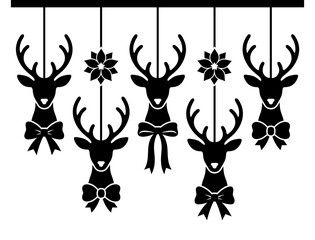 Christmas hanging reindeer heads ornaments set with bows silhouettes isolated on transparent background © NURJAHAN