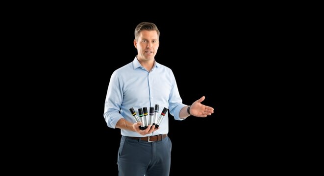 A confident man holding multiple microphones and gesturing during a presentation against a black background
