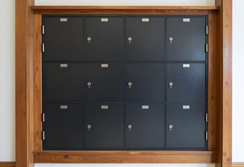 Fototapeta premium Wall of dark gray metal lockers with individual locks and number plates framed by natural wood trim, the locker unit is framed by natural wood trim, adding a warm architectural element